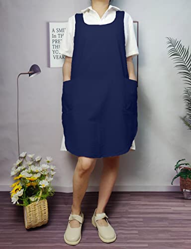Cotton Cross Back Aprons Solid Color Cooking Kitchen Garden Smock for Women Girls with Pockets (Navy Blue / 37W x 32L)