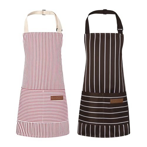 2 Pack Stripes Kid's Apron with 2 Pockets (55x65cm / Brown Wide Striped, Red Thin Stripes)