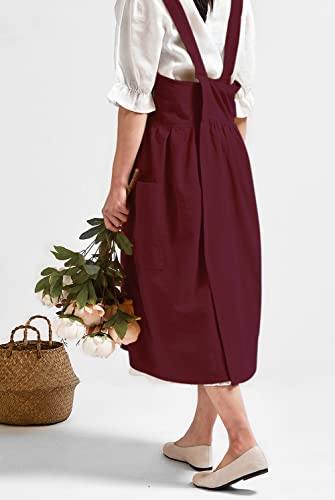 Japanese Cotton Cross Back Pinafore Apron for Women with Pockets Burgundy (06 - Magenta Apron Without Waist Ties)