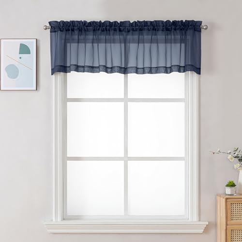 Sheer Window Valance Curtains (Navy Blue / 42"W x 14"L (Pack of 2))