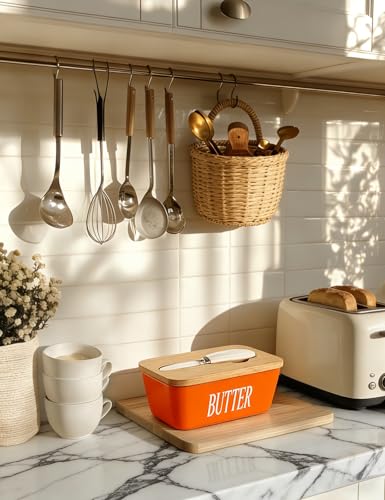Ceramic Butter Dish with Lid and Knife Silicone Seal for Countertop Orange (Orange)