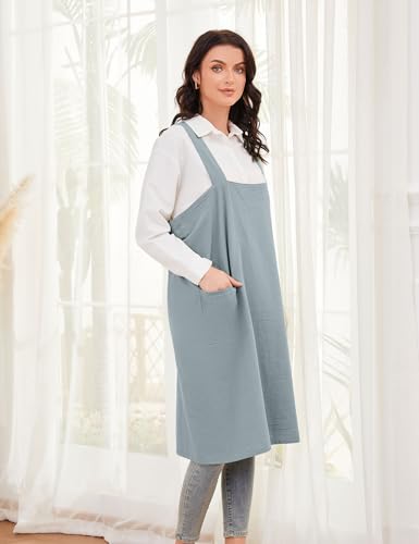 Women's Cotton Cross Back Pinafore with Big Pockets Practical Aprons for Gardening Works (X-Large / Light Blue)