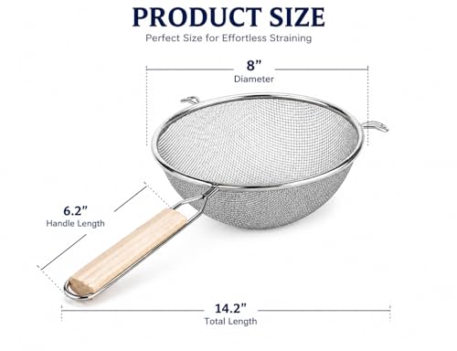 Stainless Steel Fine 8" Double Mesh Food Strainer Colander Sieve Sifter with Wooden Handle for Kitchen Rice Pasta Noodles (8")