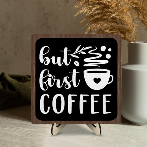 Vintage Coffee Bar Wooden Plaque Desk Sign (Black&Brown / 5.9 x 5.9 x 0.32 inches)