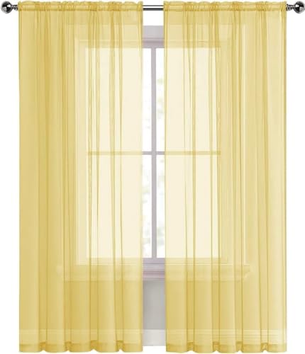 Basic Rod Pocket Sheer Voile Window Curtain Panels Yellow 1 Pair 2 Panels 42 Width 45 Inch Long for Kitchen Bedroom Children Living Room Yard（Yellow (Yellow / 42"W x 45"L (Pack of 2))