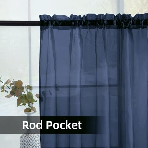 Solid Sheer Rod Pocket Curtain Voile Draperies 2 Panels White Beige Black Grey Coffee 52 Inch Width 84 Inch Long 1 Pair for Kitchen Bedroom Children Living Room Yard (Navy / 52"W x 84"L (Pack of 2))