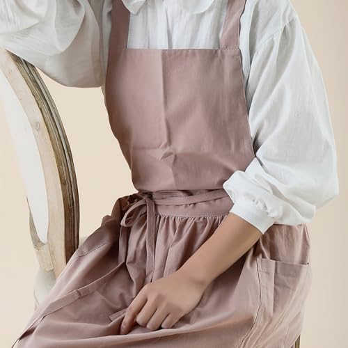 Apron Cute Dress for Women Frill Cross Back Cotton Linen Japanese Apron With Pockets Maid Pinafore Apron Housewife Garden Cooking Baking Pottery Pinafore Apron Dusty Pink Adult One Size (Dusty Pink Adult / One Size)