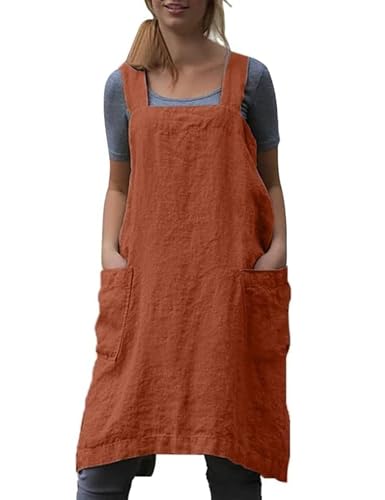 Women's Cotton Cross Back Pinafore with Big Pockets Practical Aprons for Gardening Works (X-Large / Orange)