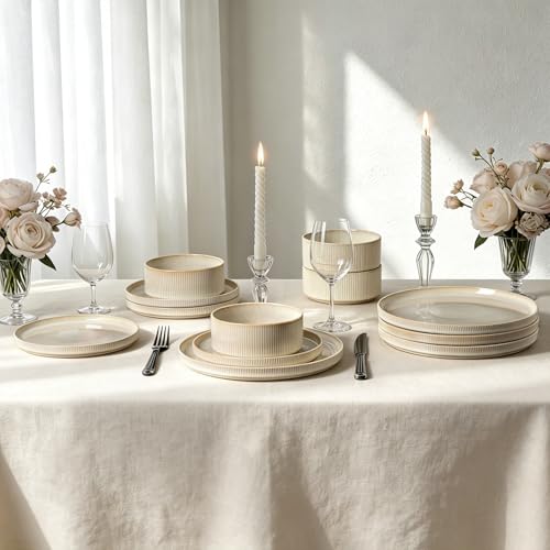 Stoneware Dinnerware Sets for 4 (Beige / 4-Set(12pcs))