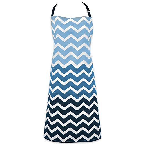 Cotton Ombre Chevron Women Kitchen Apron with Pocket and Extra Long Ties (Apron / Nautical Blue Ombre)