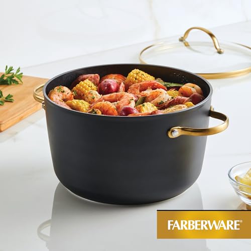 Forged Induction Ceramic Nonstick Cookware Stockpot with Lid (Black and Gold / 6 Quarts)