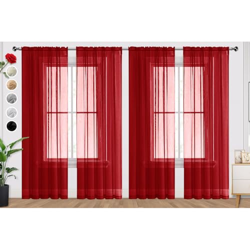Christmas Red Sheer Curtains 4 Panels Rod Pocket Semi (Christmas Red / 52"W x 90"L (Pack of 4))