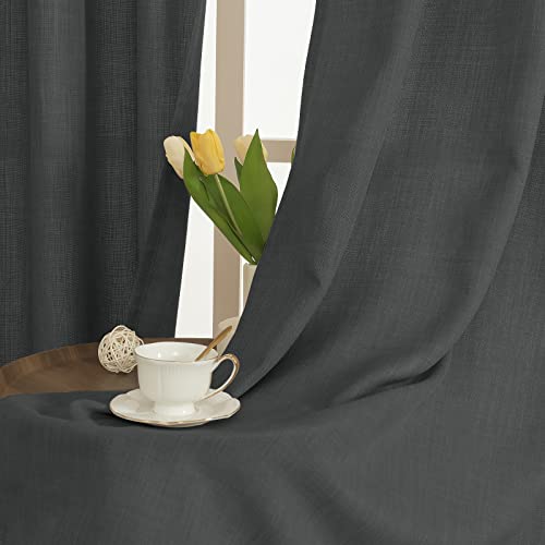 Dark Grey Semi Sheer Linen Curtains 90 Inch for Living Room 2 Panels (52"W x 90"L (Pack of 2) / Silver Grommet-dark Grey)