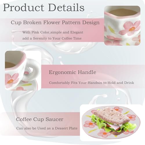 Coffee Mugs Set with Saucer Cute Flowers Cup Gifts for Women Birthday Tea Coffee Mug with Coaster 250 ML Ceramic Cup Birthday Gift for Women Girls Mom Friend Coffee Mug aucer Set (#A Flowers Coffee Mug Set with Saucer)