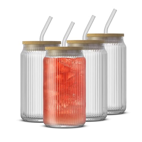 Fluted Glass Tumblers with Bamboo Lids and Glass Straws (Clear Glasses)