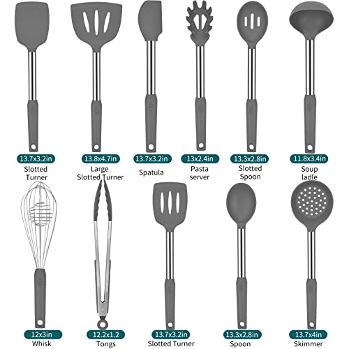 Silicone Kitchen Cooking Utensils Set with Stainless Steel Handle (Gray)