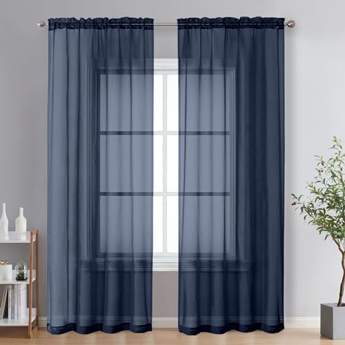 2 Panels Sheer Window Curtain Panels 96" Length for Bedroom (Navy Blue / 42"W x 96"L (Pack of 2))