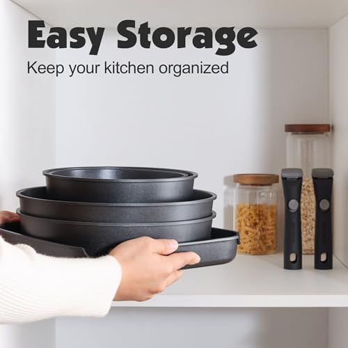 17 Piece Nonstick Detachable Handle Pots and Pans Set Black (Black / 17 Piece)