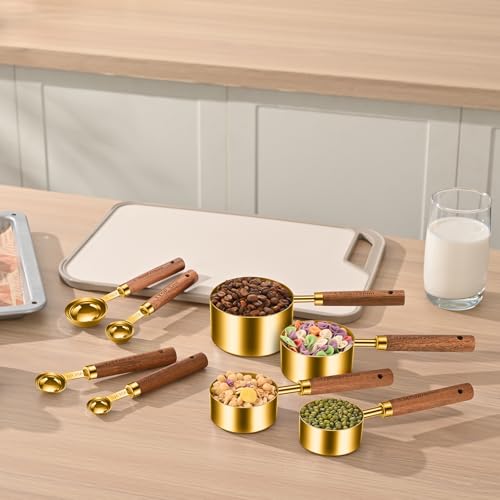 Wooden Handle Measuring Cups & Spoons Set 8 (Gold-wood handle)
