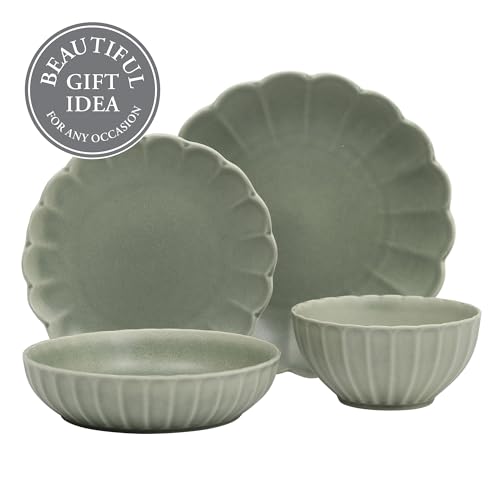 Malibu Shore 16 Piece Scallop Stoneware Reactive Glaze (Green (Malibu Shore) / Service for 4 (16pcs))