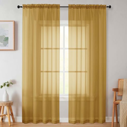 Sheer Gold Curtains for Bedroom Living Room 90 Inches Long 2 Panels Set (Gold / 42"W x 90"L (Pack of 2))