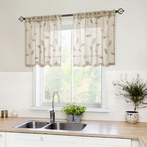 Taupe Kitchen Sheer Curtains Leaf Embroidered (30"W x 24"L (Pack of 2) / 2-taupe/Beige)