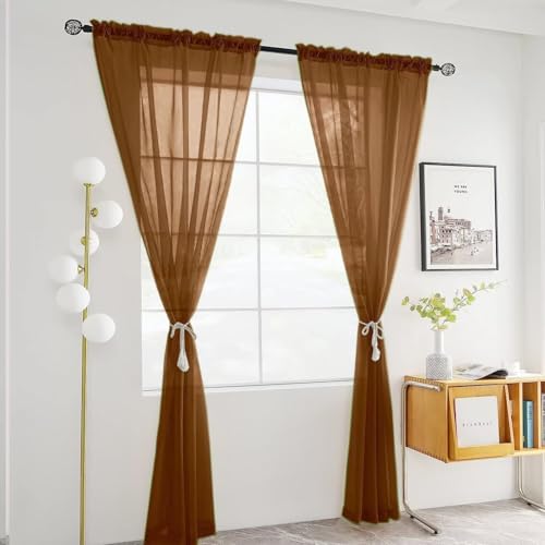 Sheer Voile Window Treatment Rod Pocket Curtain Panels for Kitchen Bedroom Living Room Drapes Sunlight Filtering Privacy Semi Home Decor Assorted (Brown / 52"W x 45"L (Pack of 2))