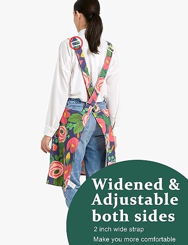 Cozy Adjustable Cross Back Aprons for Women with Pockets Cotton Linen Cooking Kitchen Baking Red Tulips (Red Tulips)