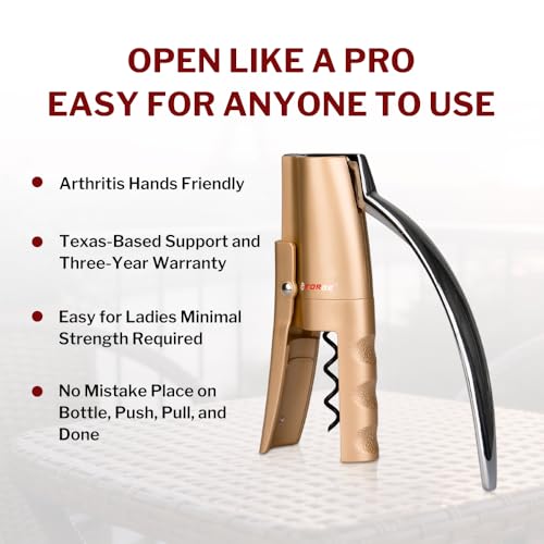 Quality Compact Vertical Lever Corkscrew Wine Opener with Foil Cutter. 3 Seconds to Open a Bottle of Wine. Champagne Gold (Gold)