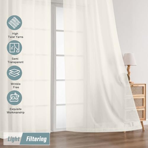 Extra Wide Ivory Sheer Curtains for Window 96 Inches Long 2 Panels Set (59"W x 96"L (Pack of 2) / Ivory)