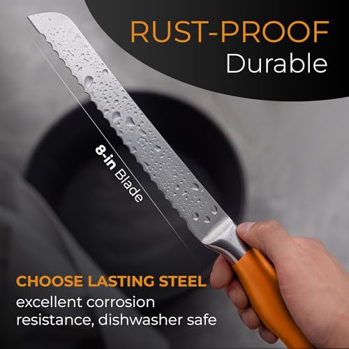 Serrated Bread Knife with Upgraded Stainless Steel Razor Sharp Wavy Edge Width (Orange)