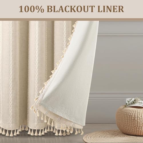 Boho 100% Blackout Curtains 90 Inch 2 Panels Linen Blend Beige (Beige / 52"W x 90"L (Pack of 2))