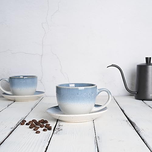 Ceramic Cappuccino Cup and Saucer Set of 2 (Blue White)