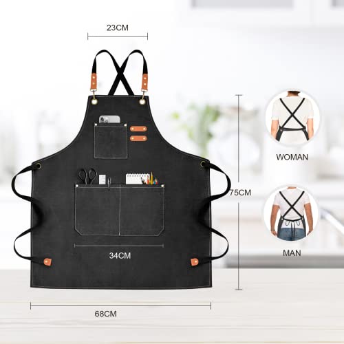Chef Apron for Men Women Canvas Aprons with 3 Pockets Cross Back Resistant Work Apron for Cooking Grilling Baking BBQ Barber Kitchen (Pure Black)