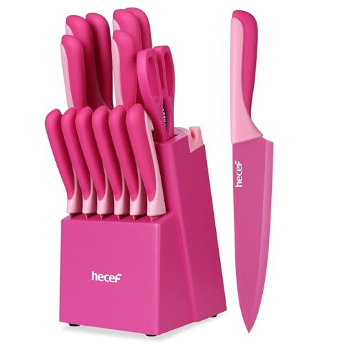 15 Pieces Kitchen Knife Set with Built (Hot Pink)