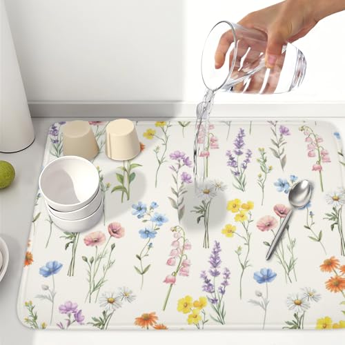 Spring Summer Colorful Floral Dish Drying Mat 18x24 Inch (Floral Colorful / 18" x 24")