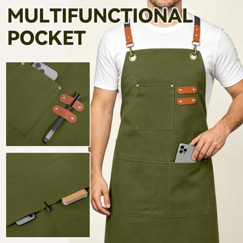Chef Aprons for Men Women with 4 Pockets (Olive Green)
