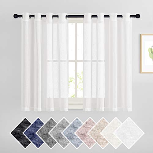 45" Long White Flax Linen Sheer Bedroom Curtains Grommet (52"W x 45"L (Pack of 2) / White)