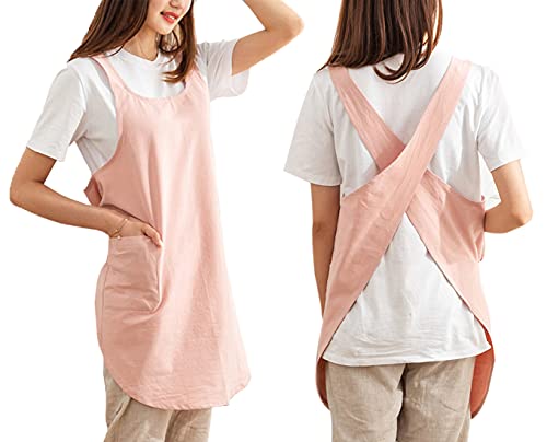 Cotton Cross Back Aprons Solid Color Cooking Kitchen Garden Smock for Women Girls with Pockets (Pink / 37W x 32L)