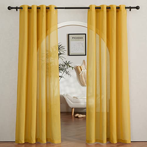 Semi Sheer Curtains Flax Linen Texture (52"W x 84"L (Pack of 2) / Citrine)