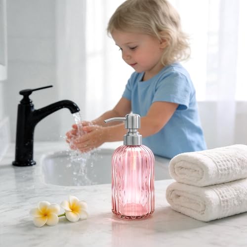 16 OZ Pink Glass Soap Dispenser Glass Soap Dispenser (Pink+brushed Nickel Pump / 1-Pack)
