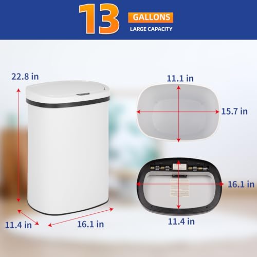 13 Gallon Stainless Steel Trash Can with Lid (Stainless Steel / White)