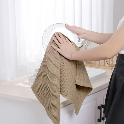 100% Cotton Waffle Weave Kitchen Dish Towels 4 (Tan / 13 X 28 - 4 Pack)
