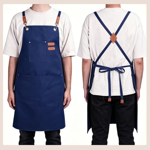 Chef Aprons for Men Women with Large Pockets (Navy Blue)