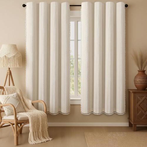 Boho 100% Blackout Curtains 2 Panels Linen Blend Beige 52W X 70L (Beige / 52"W x 70"L (Pack of 2))