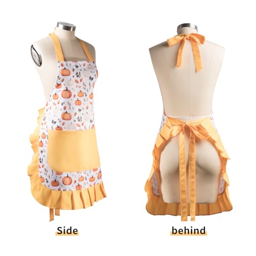 Vintage Floral Apron for Women with Functional Pockets Adjustable Neck Strap for Cooking Baking Mother's Gift (Pumpkin)
