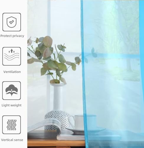 Solid Sheer Rod Pocket Curtain Voile Draperies 2 Panels White Beige Black Ivory Grey 22 Inch Width 50 Inch Long 1 Pair for Kitchen Bedroom Children Living Room Yard (Cyan Blue / 22"W x 50"L (Pack of 2))