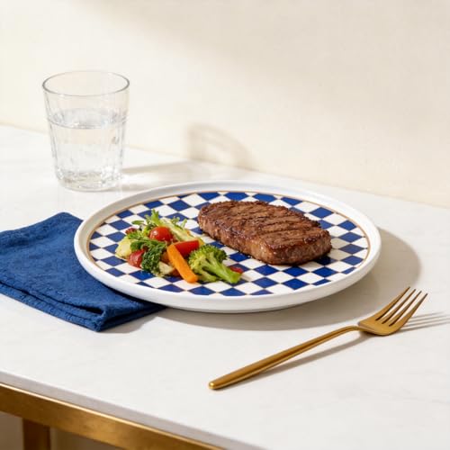 Ceramic Checkered Serving Plate with Gold Accent (Blue)