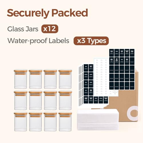 Square Glass Spice Jars with Labels 8 oz 12 Pack with Bamboo Lids (8 fl.oz - 12 Pack)