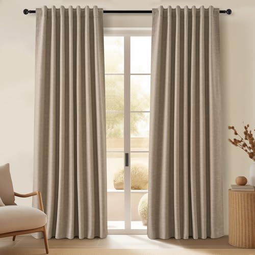 Taupe Burlap Linen Blackout Curtains 63 Inches Long 2 Panels for Small Window Boho Farmhouse Linen Blend Texture Insulated Hook Belt Back Tab Pocket Pleated Drapes Fall Home Decor (Dark Flax / 52"W x 63"L (Pack of 2))